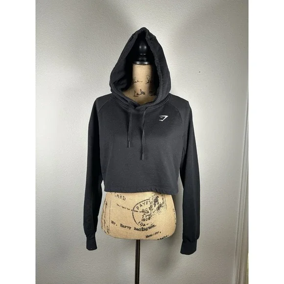 Gymshark Cropped Hoodie Sweatshirt Women Black Athletic Workout Size Large - Picture 2 of 13